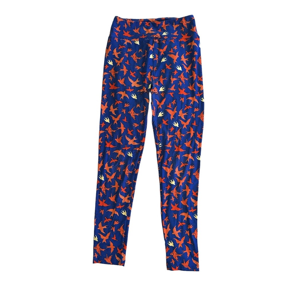 Lularoe OS Leggings Navy Orange Bird Print Yoga Waist Soft Stretch One Size